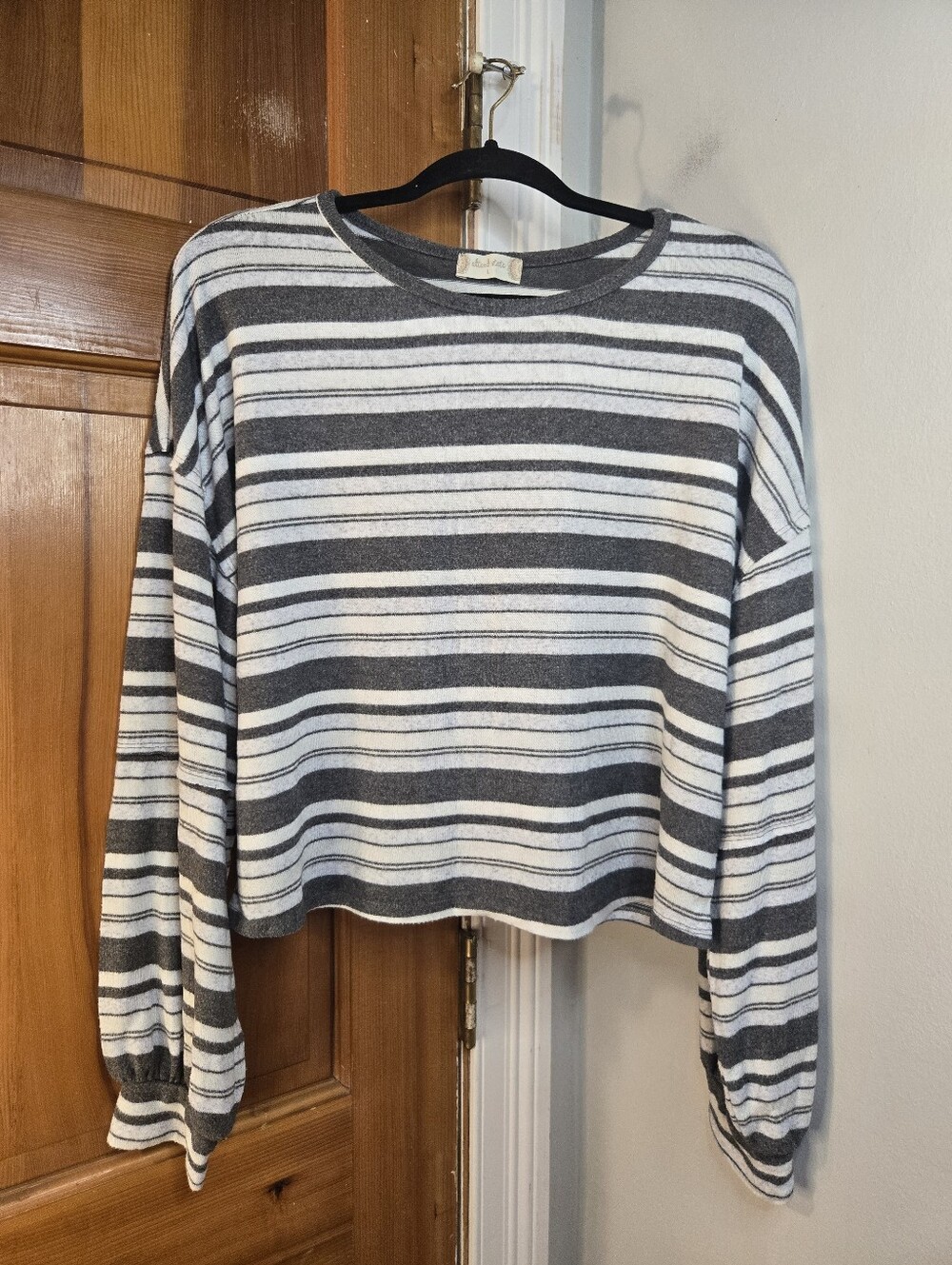Altar'd State Gray & White Striped Long-Sleeve Crewneck